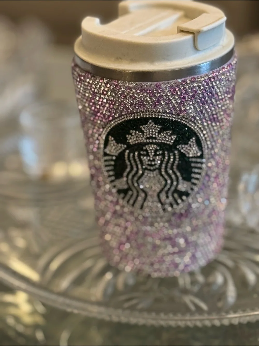 Ideal !Sparkling purple white Rhinestone crystal temp temp check Travel Tumbler